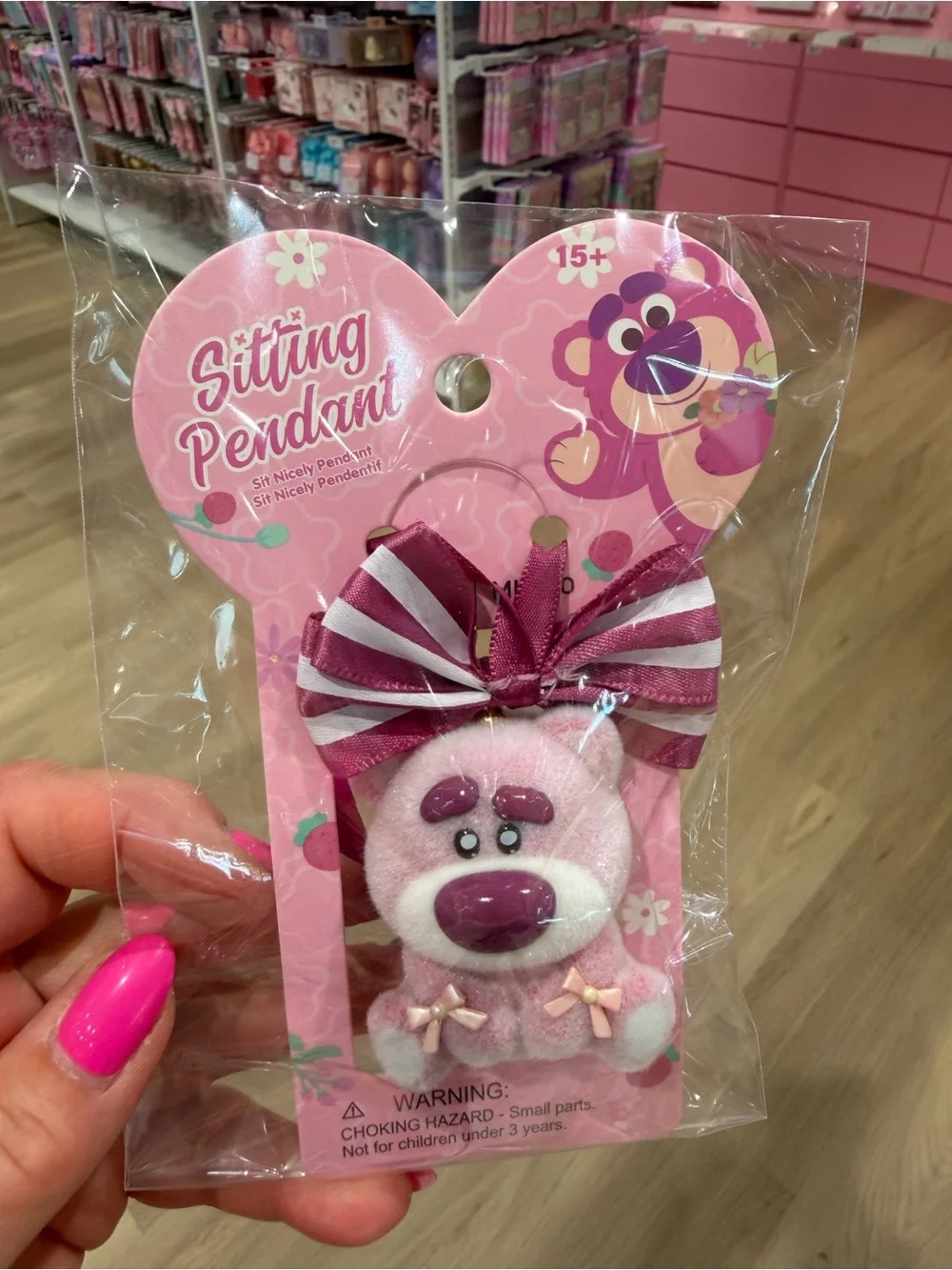 Disney Lotso Pink Plush Bear Sitting Pendant with Striped Bow